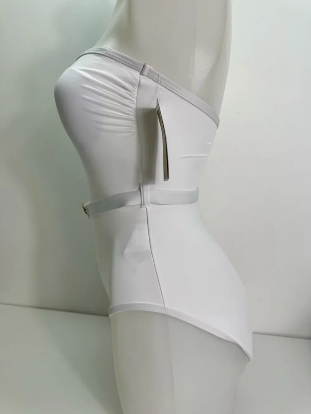 Michael Kors White Strapless One-Piece Swimsuit with Gold MK Ring Belt Sz 6 NWT